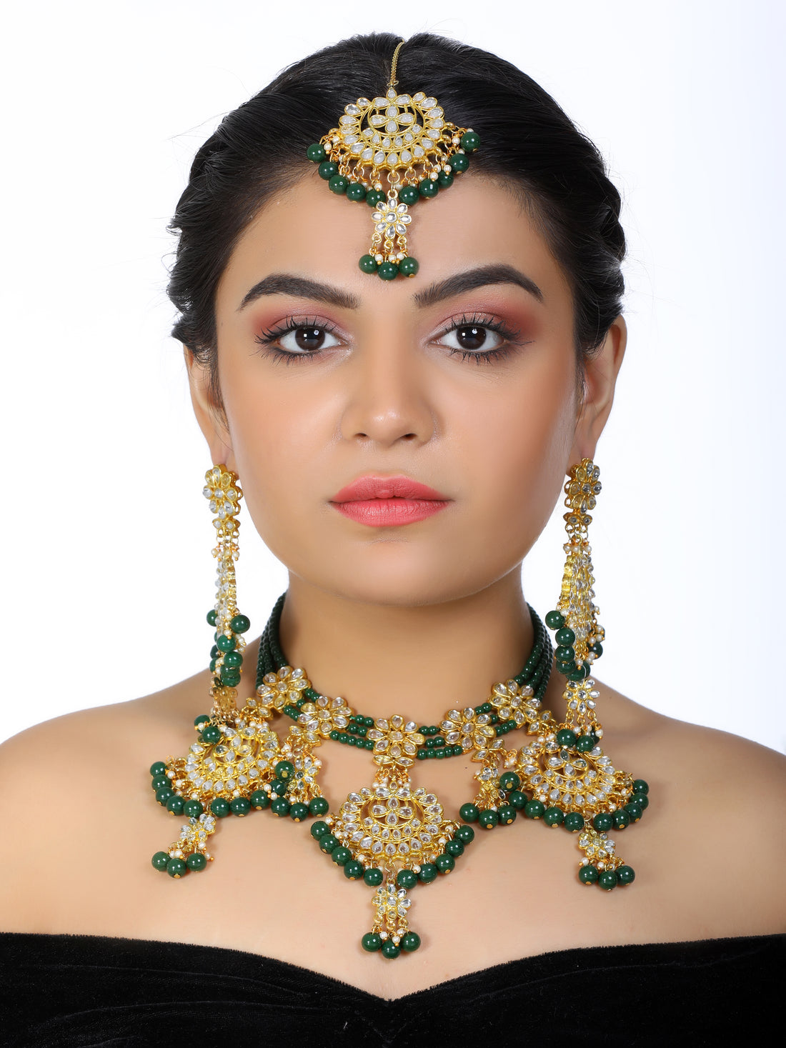 Kundan Green Beads Bridal Necklace Set