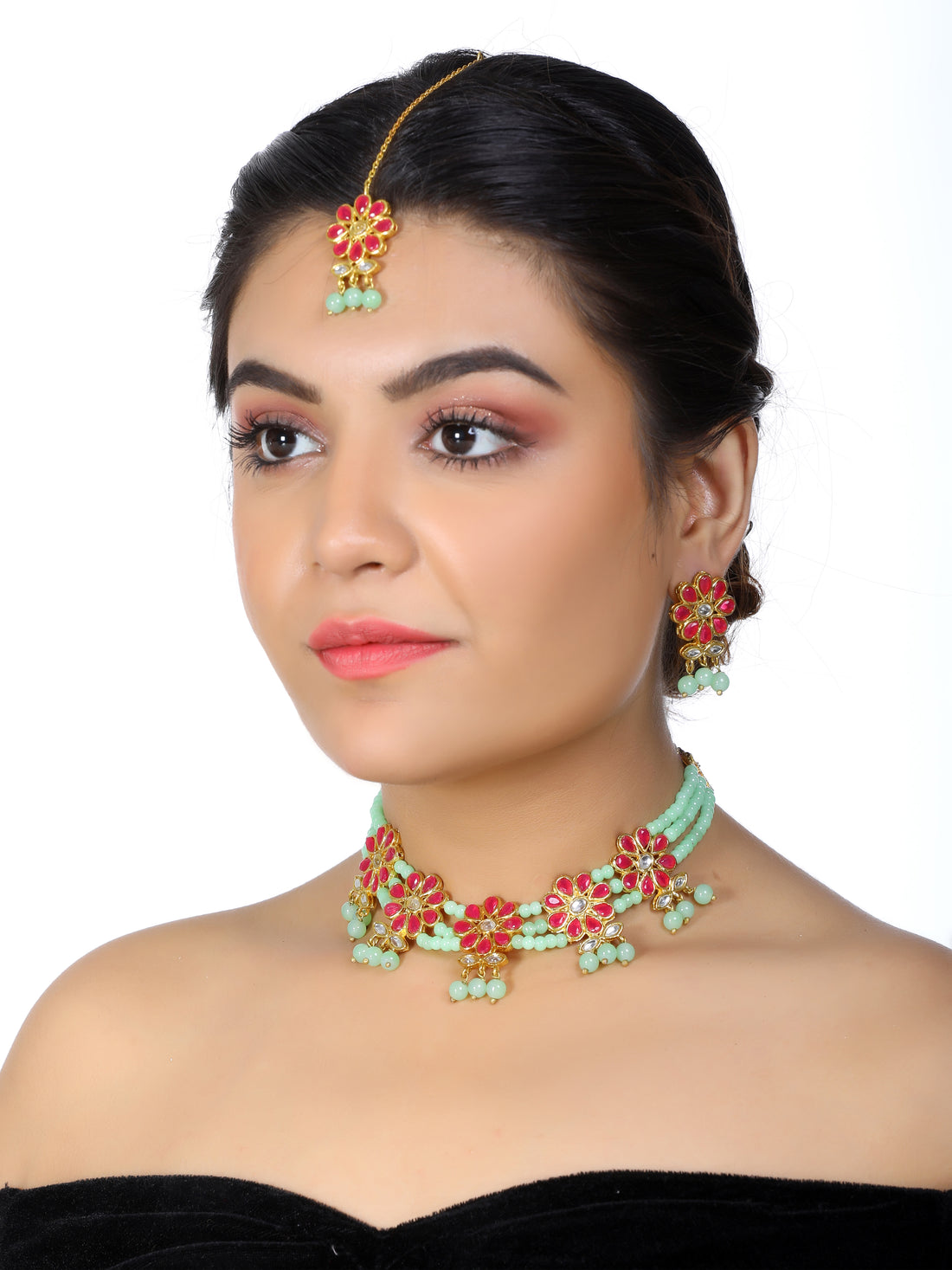 Kundan Red and Mint Green Beaded Choker Necklace Set