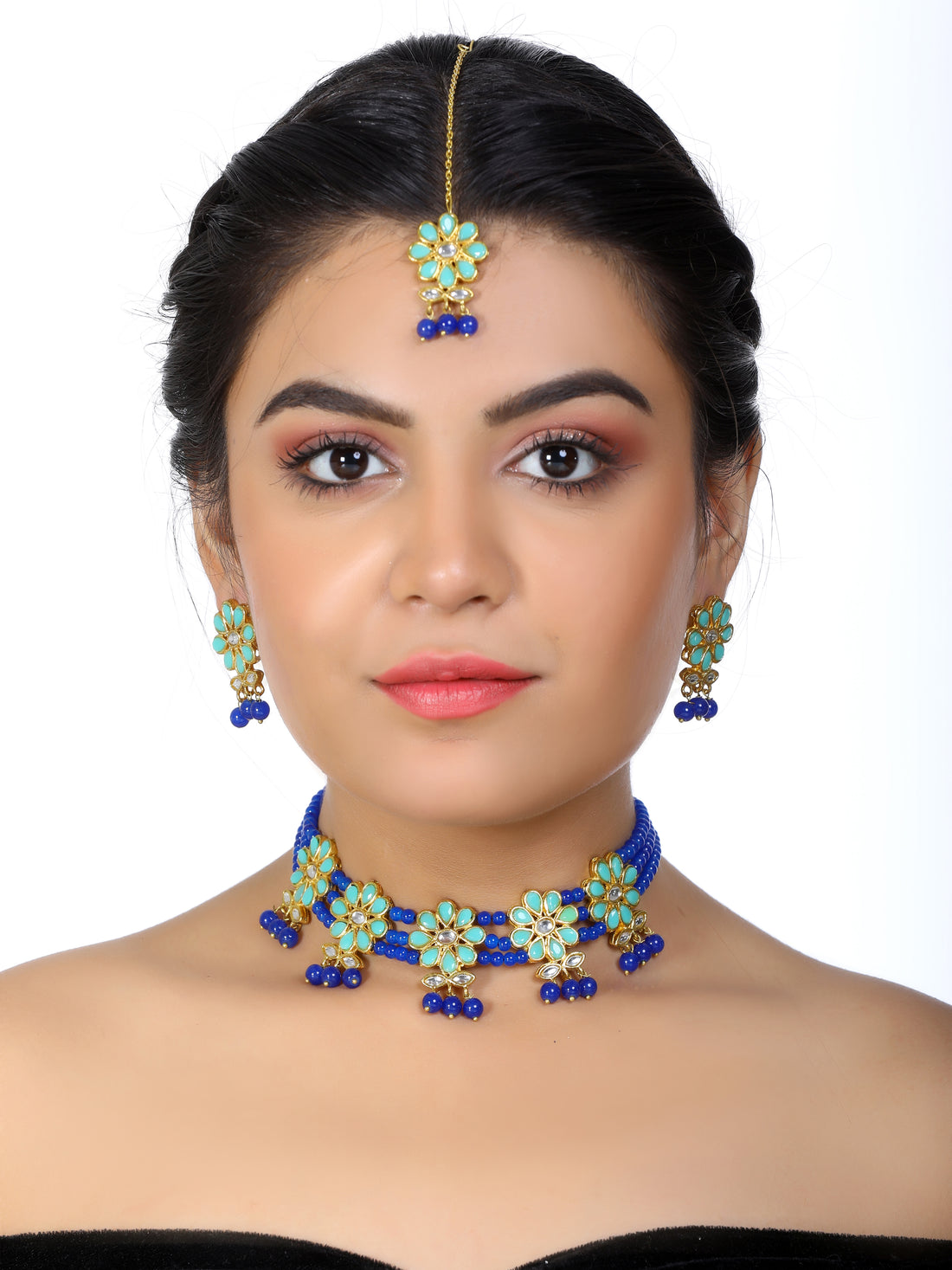 Kundan Blue Beaded Choker Necklace Set