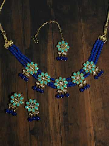 Kundan Blue Beaded Choker Necklace Set