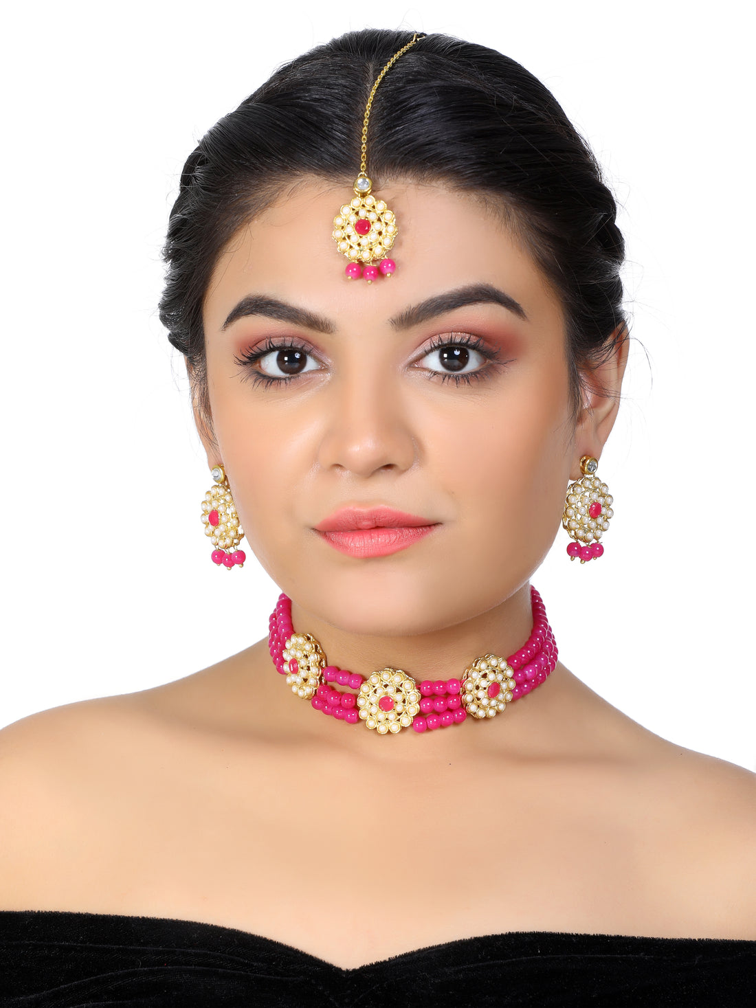 Kundan Pink Beaded Choker Necklace Set