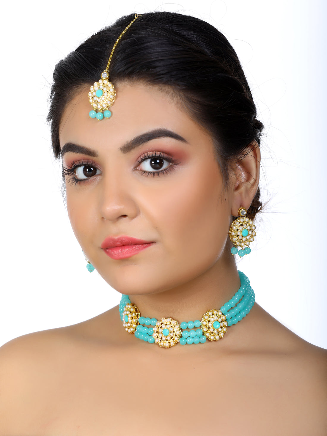 Kundan Blue Beaded Choker Necklace Set