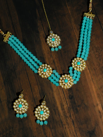 Kundan Blue Beaded Choker Necklace Set