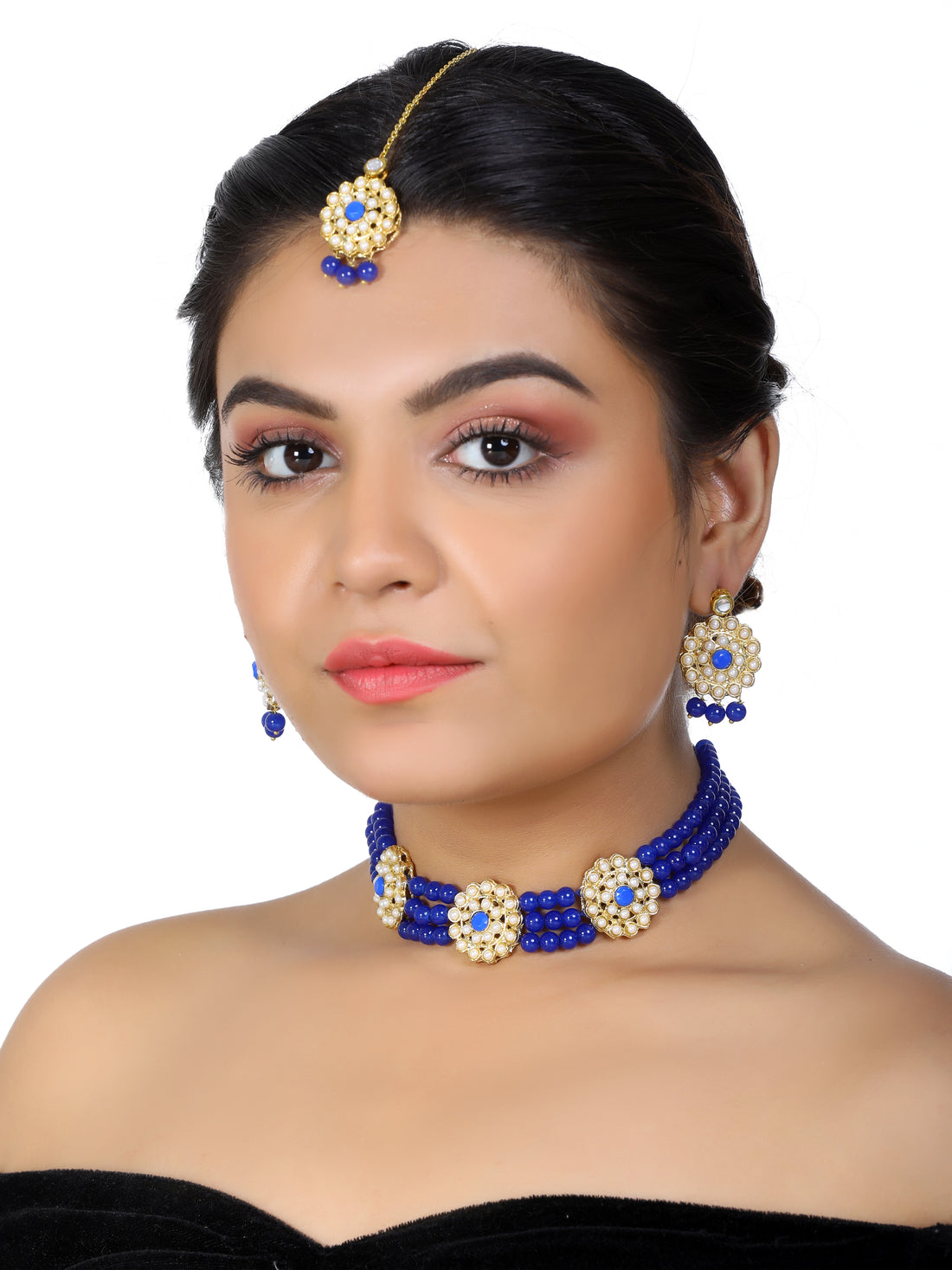 Kundan Royal Blue Beaded Choker Necklace Set