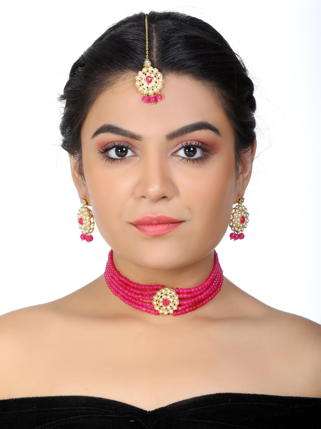 Kundan Pink Beaded Choker Necklace Set