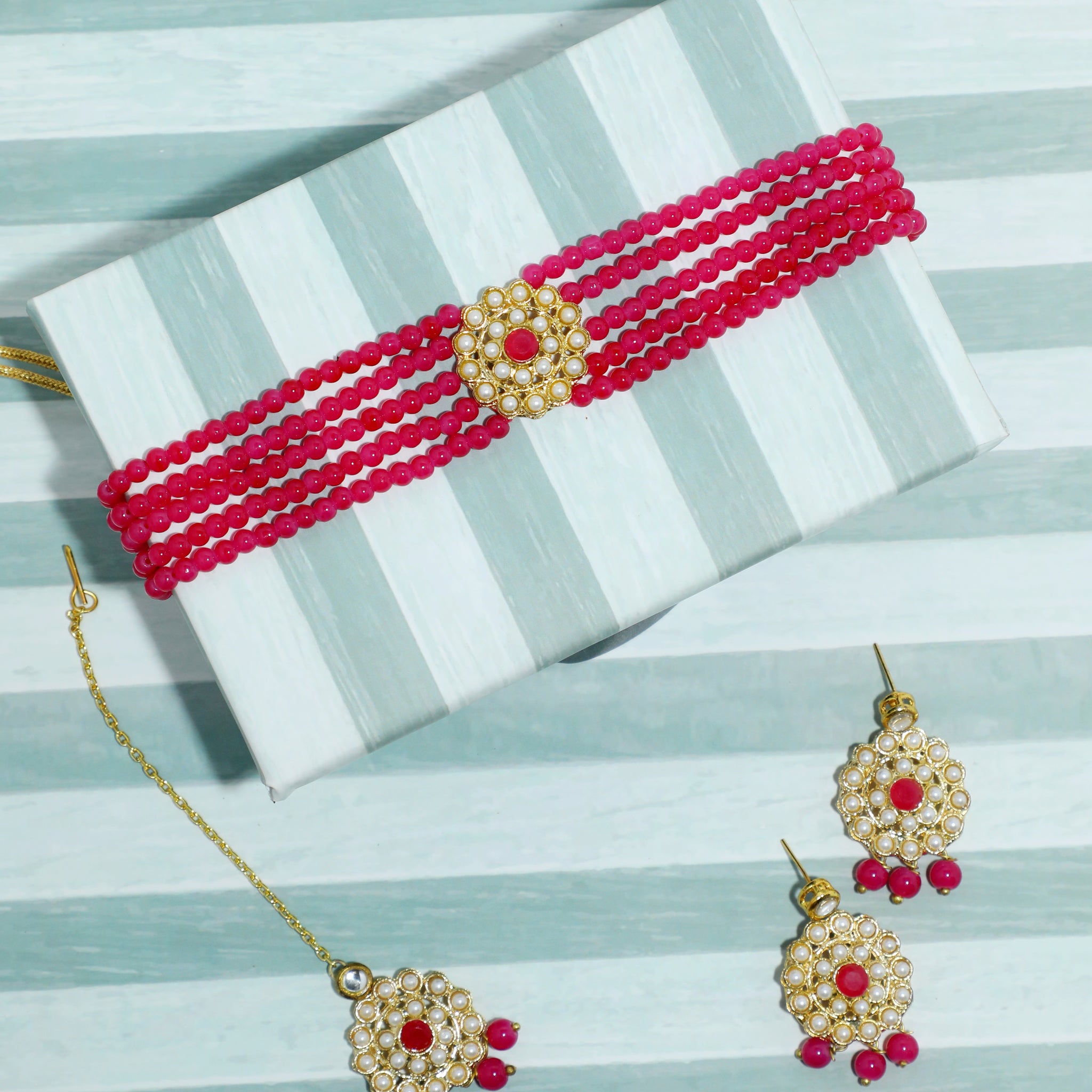 Kundan Pink Beaded Choker Necklace Set