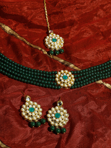 Kundan Dark Green Beaded Choker Necklace Set