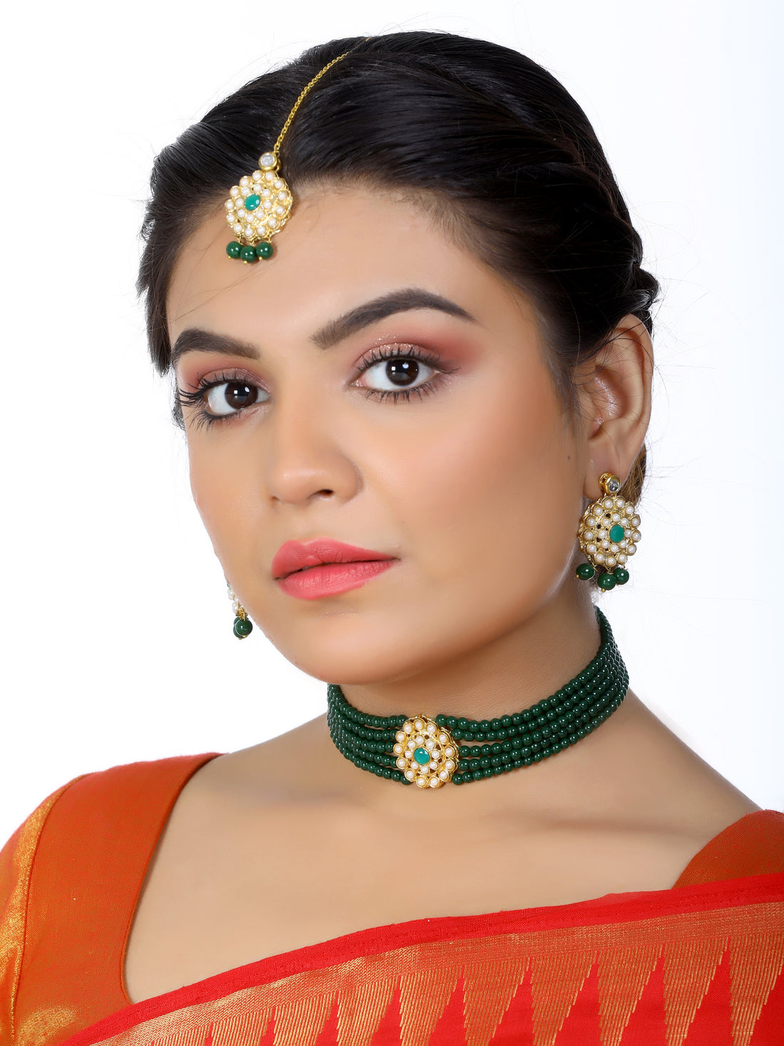 Kundan Dark Green Beaded Choker Necklace Set