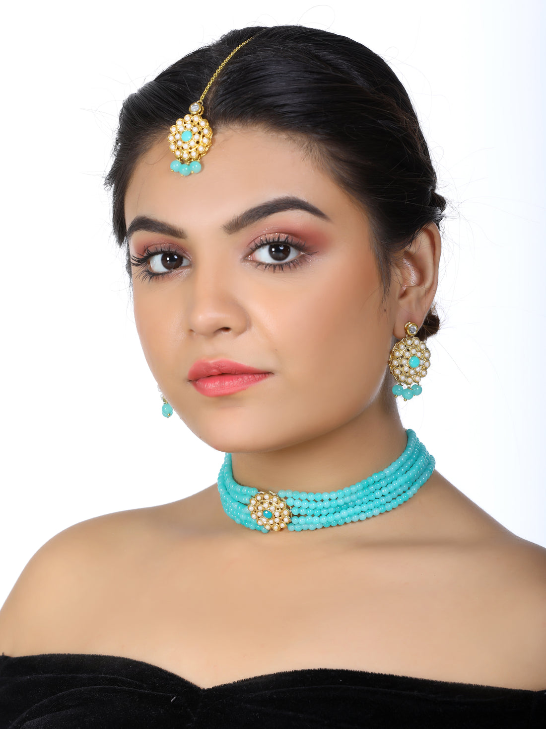 Kundan Blue Beaded Choker Necklace Set