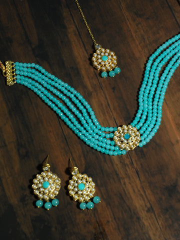 Kundan Blue Beaded Choker Necklace Set