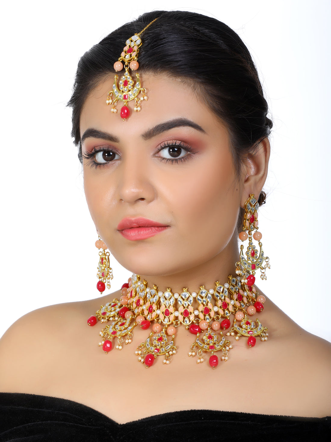 Kundan Peach and Red Choker Bridal Necklace Set