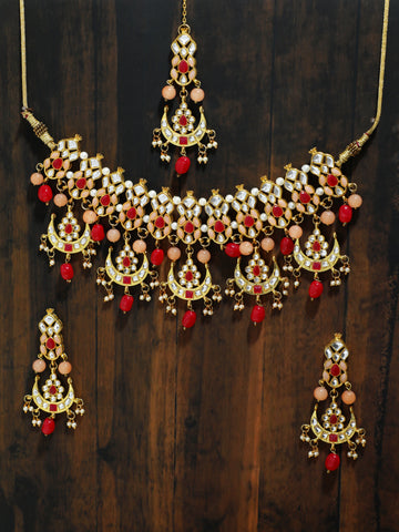 Kundan Peach and Red Choker Bridal Necklace Set