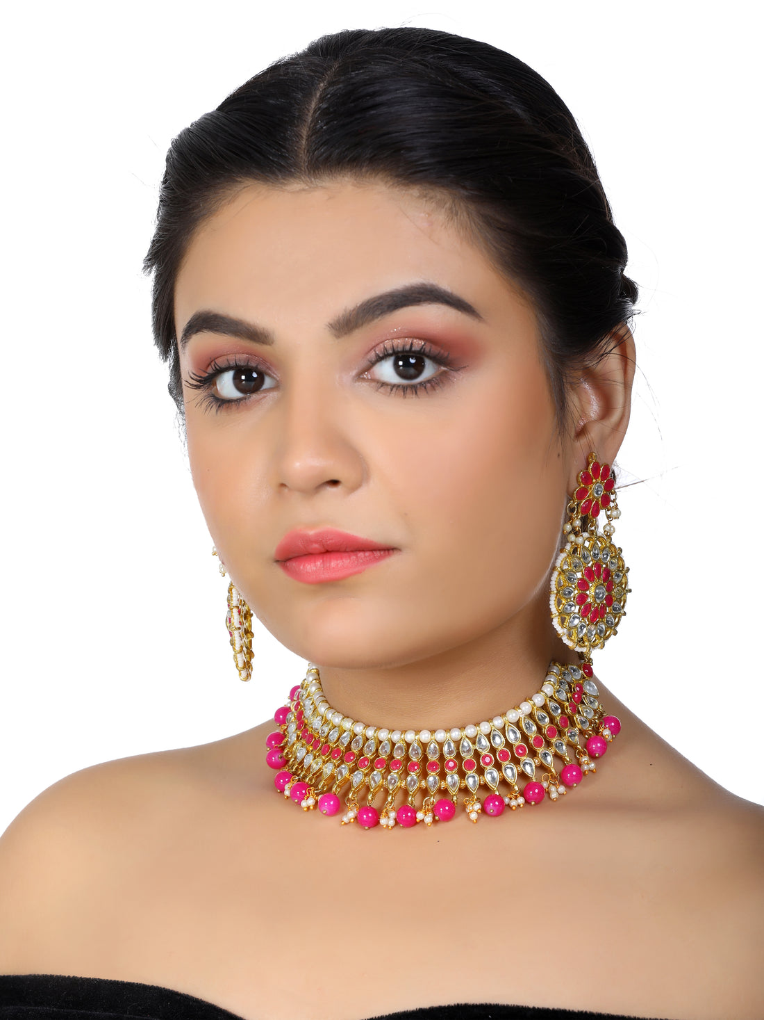 Kundan Red and Pink Embellished Choker Necklace Set with Earrings