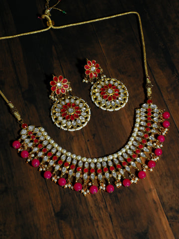 Kundan Red and Pink Embellished Choker Necklace Set with Earrings