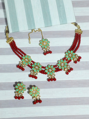 Kundan Red and Mint Green Beaded Choker Necklace Set