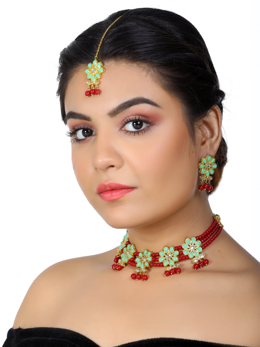 Kundan Red and Mint Green Beaded Choker Necklace Set