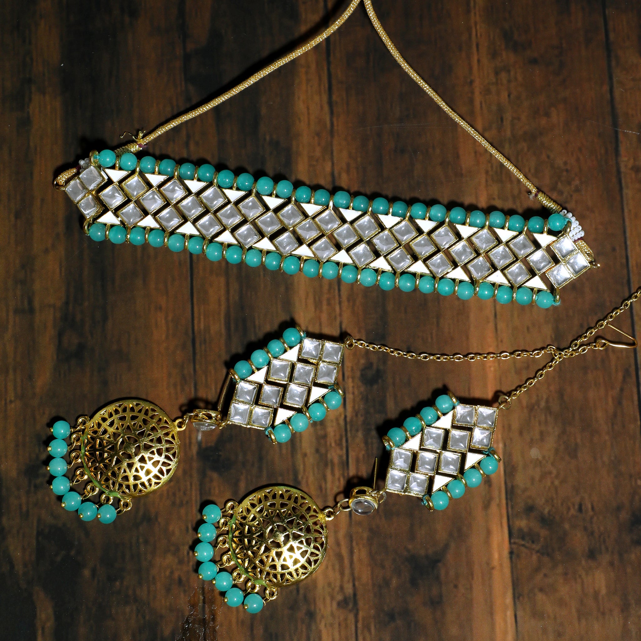 Kundan Blue Beads Choker Necklace Set with Kaanchain Earrings