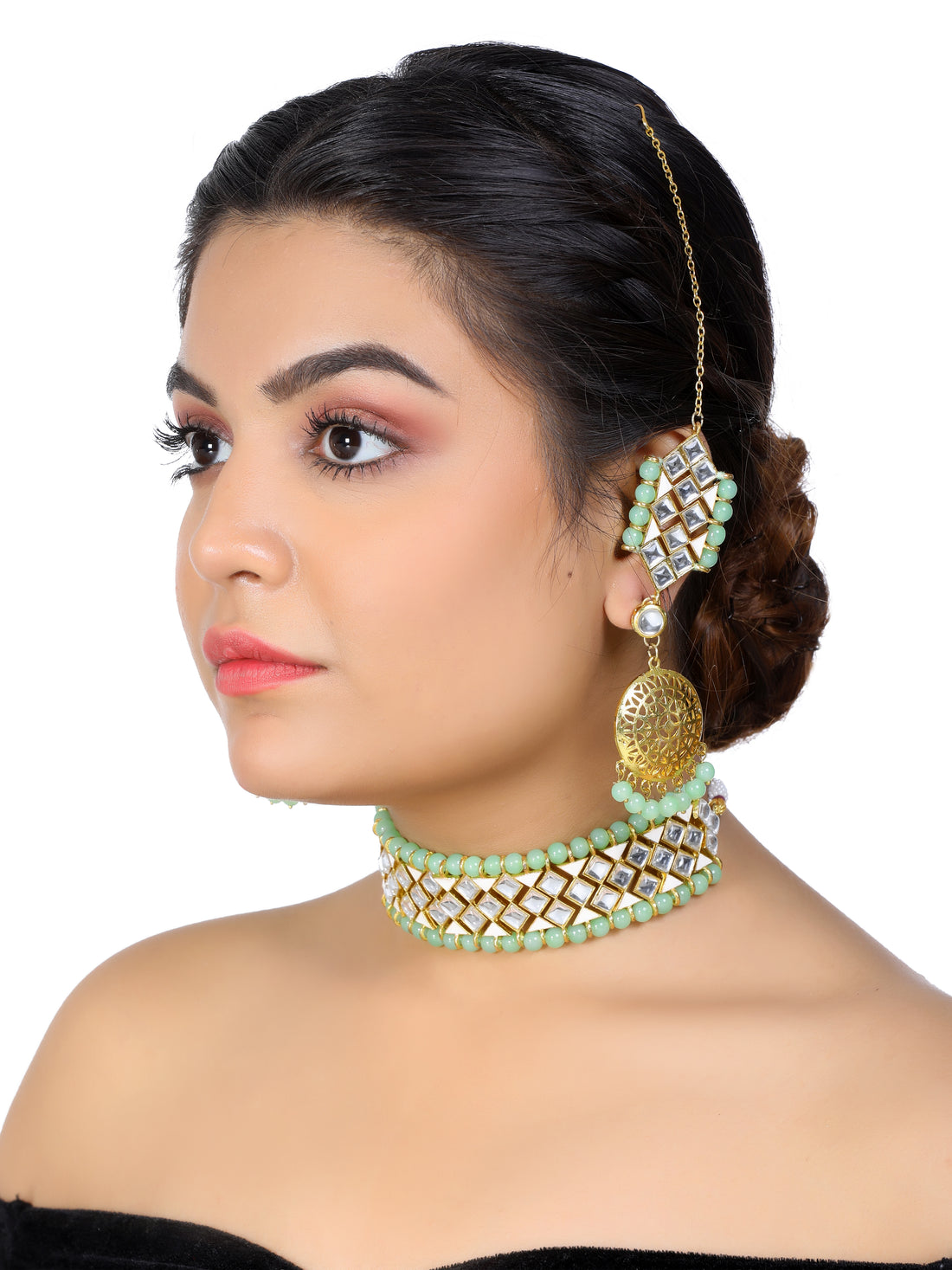 Kundan Lime Green Beads Choker Necklace Set with Kaanchain Earrings