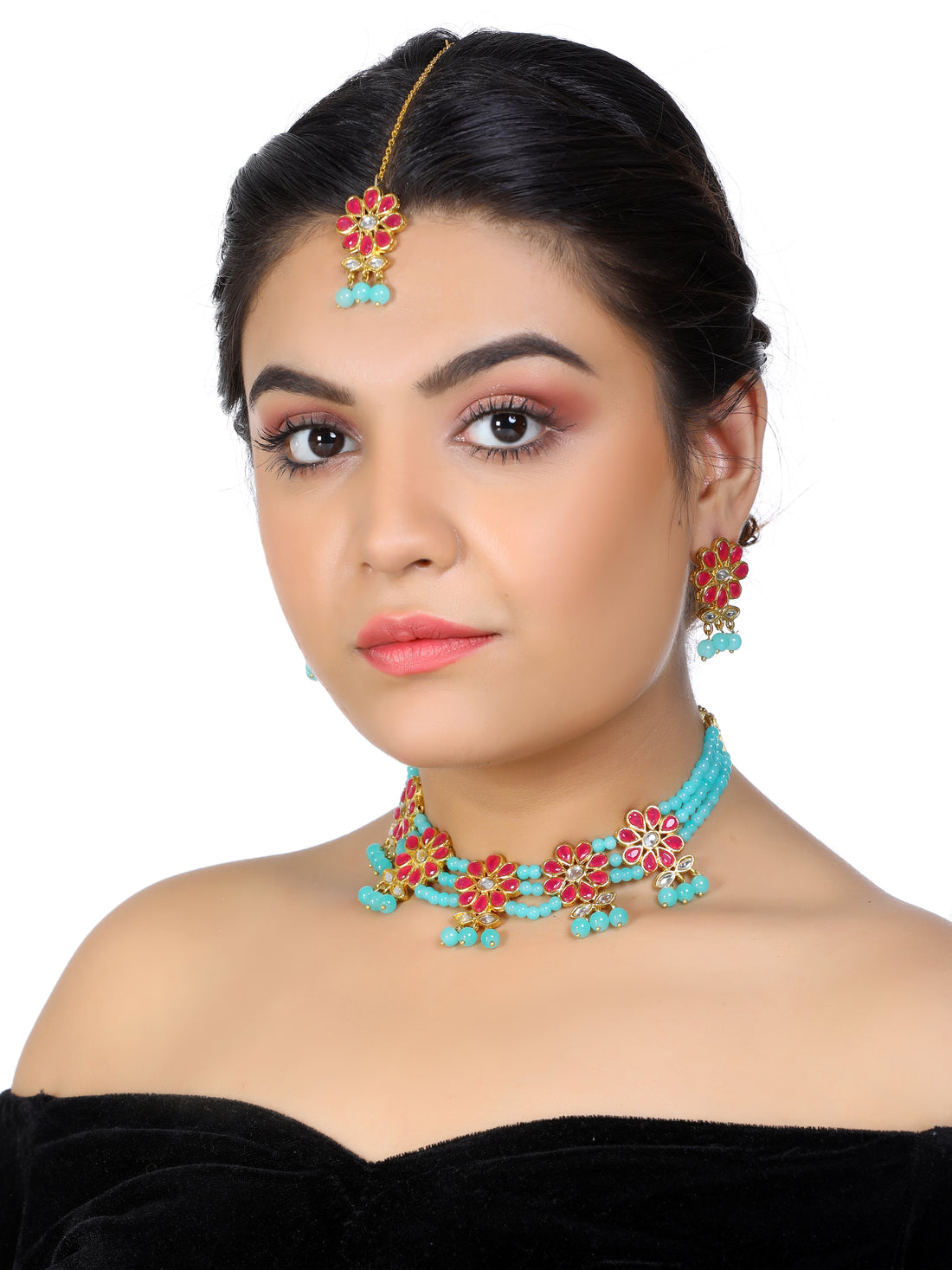 Kundan Red and Blue Beaded Choker Necklace Set