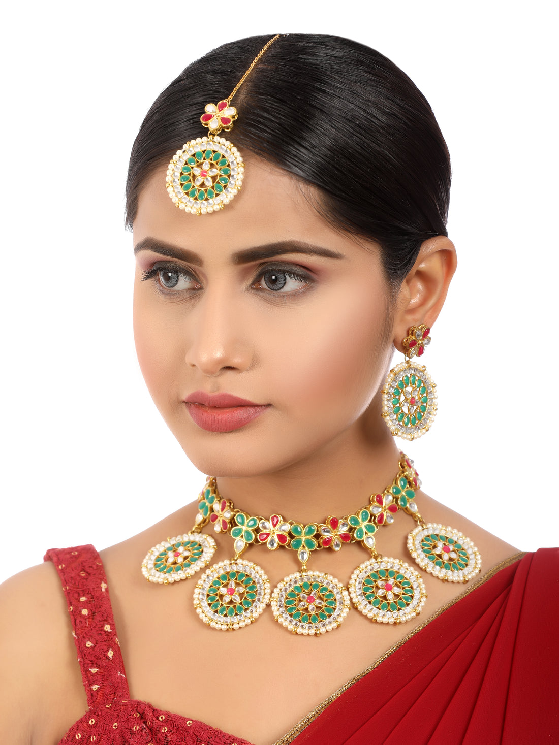 Green and Red Kundan Choker Necklace Set