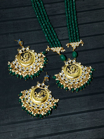 Peacock Design Green Beads Gold Tone Kundan Traditional Rani Haar Set