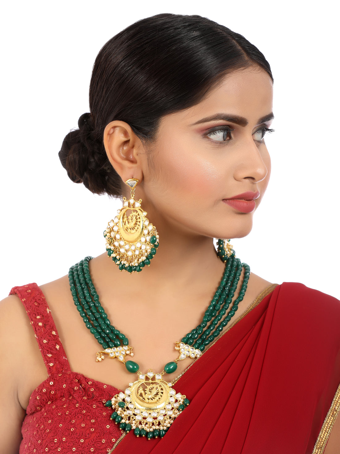 Peacock Design Green Beads Gold Tone Kundan Traditional Rani Haar Set