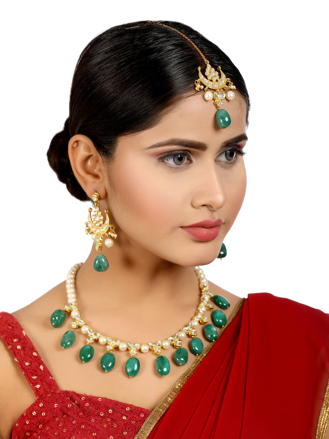 Green Stones and White Pearl Kundan Necklace Set