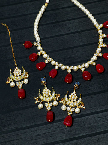 Red Stones and White Pearl Kundan Necklace Set