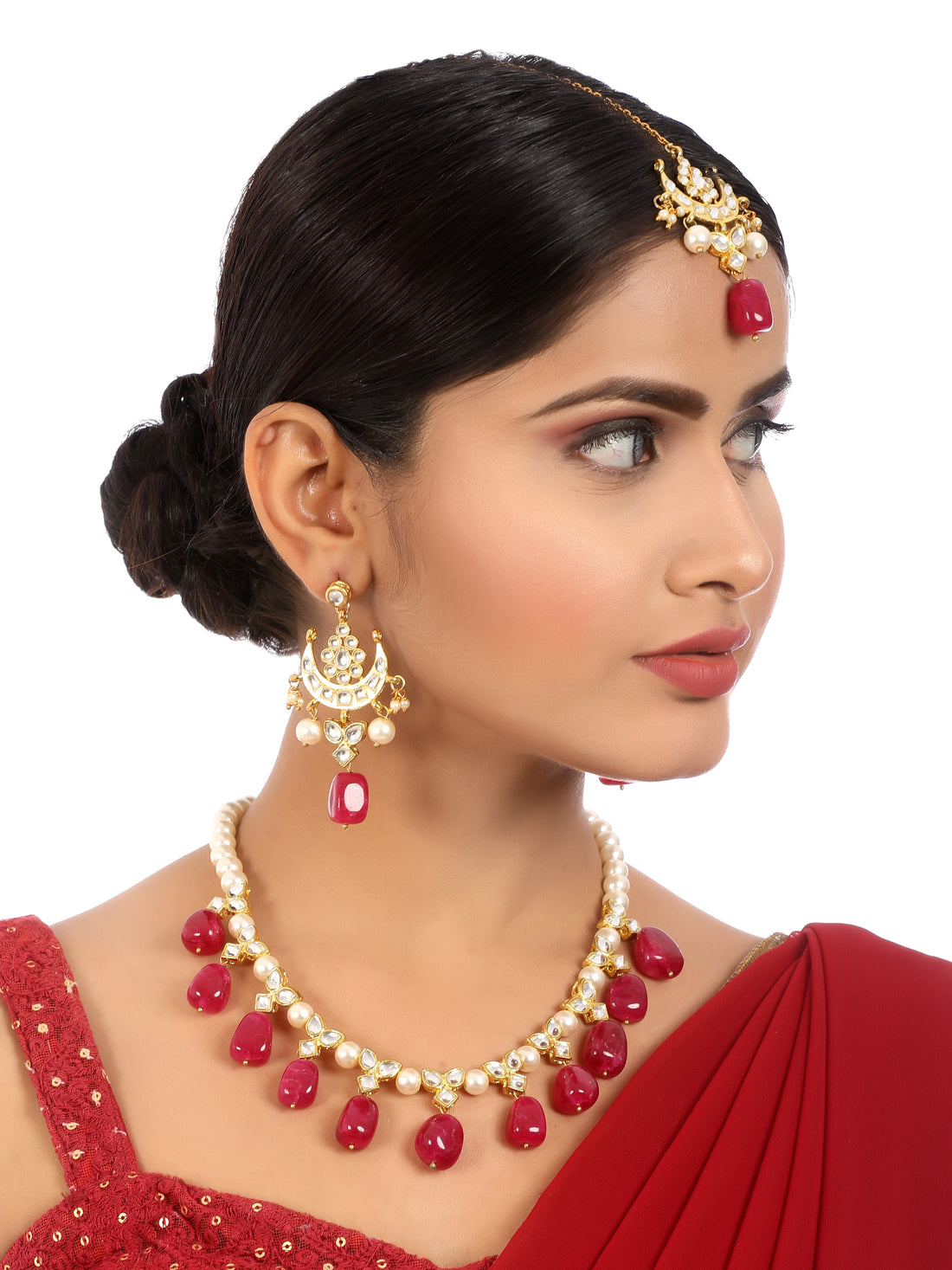 Red Stones and White Pearl Kundan Necklace Set