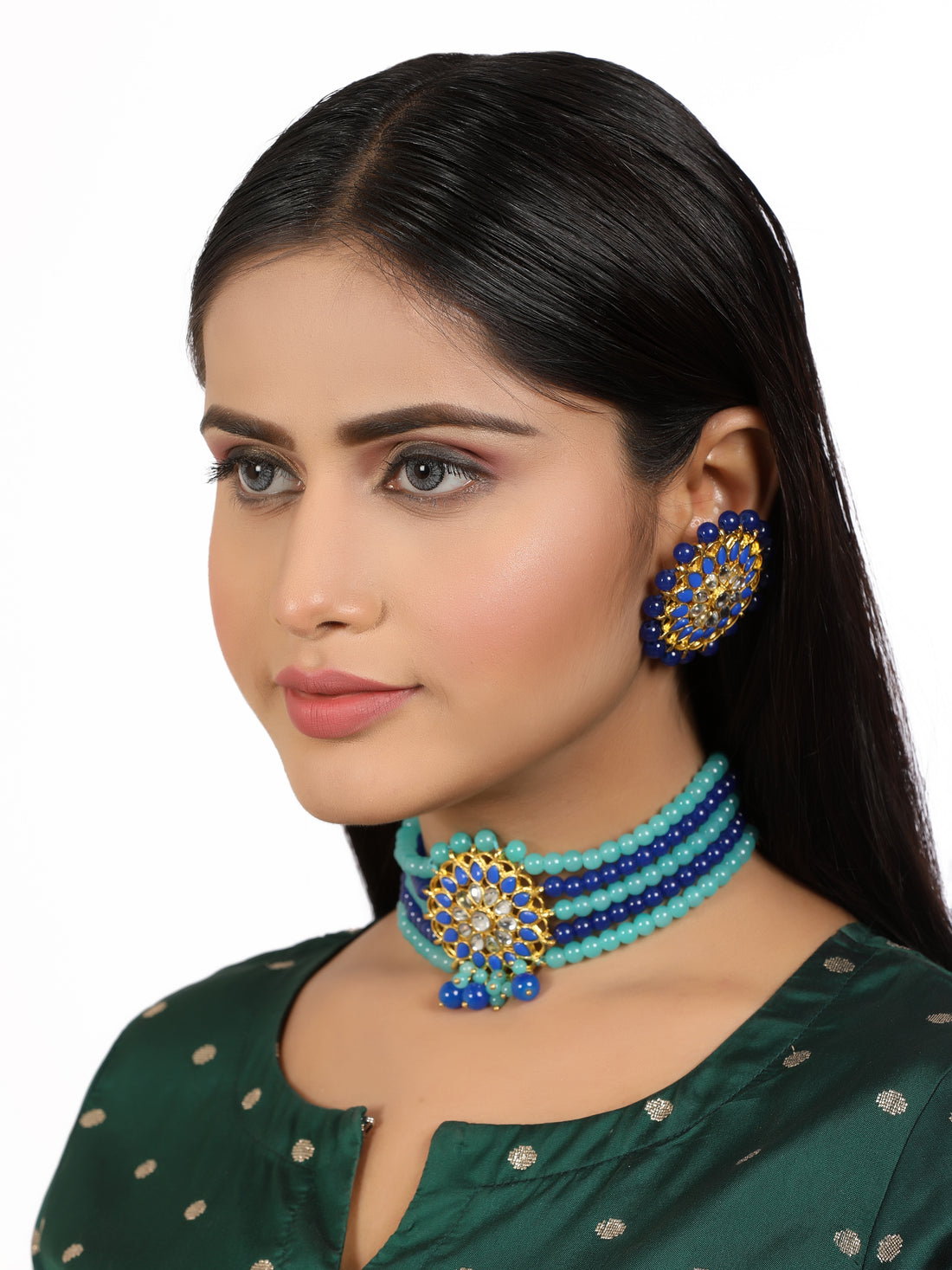 Blue Beaded Kundan Choker Necklace Set