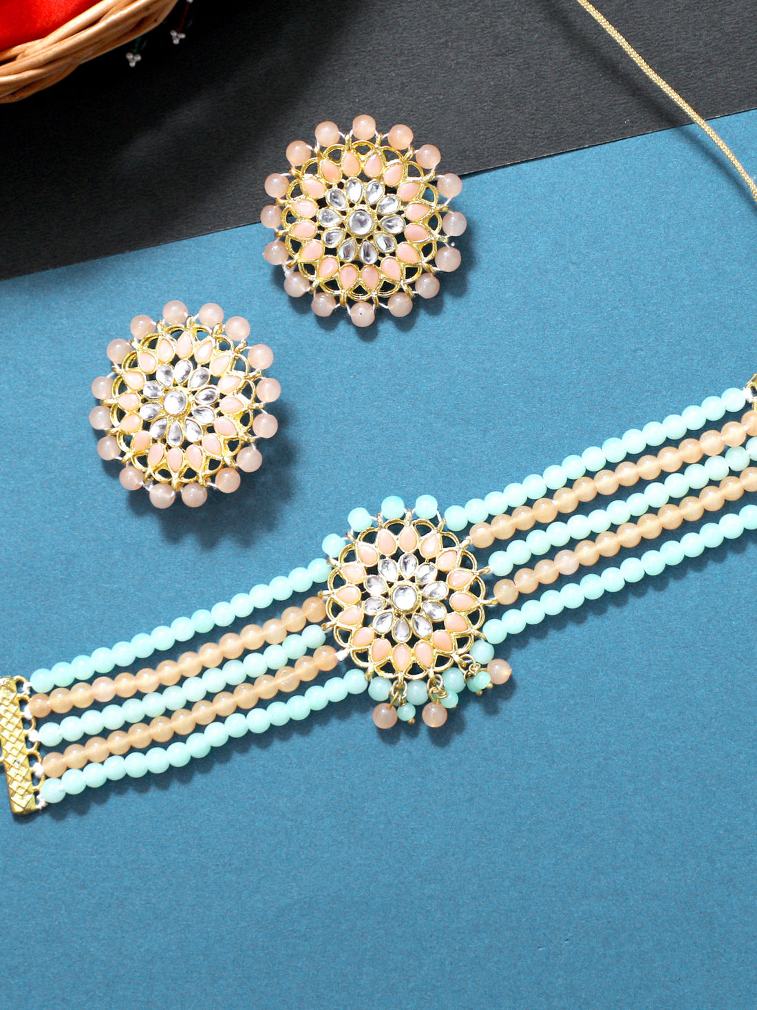 Mint Green and Peach Beads Studded Kundan Choker Necklace Set