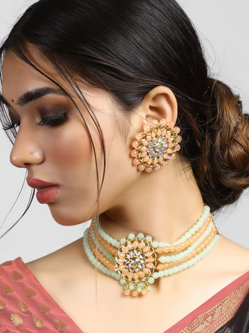 Mint Green and Peach Beads Studded Kundan Choker Necklace Set