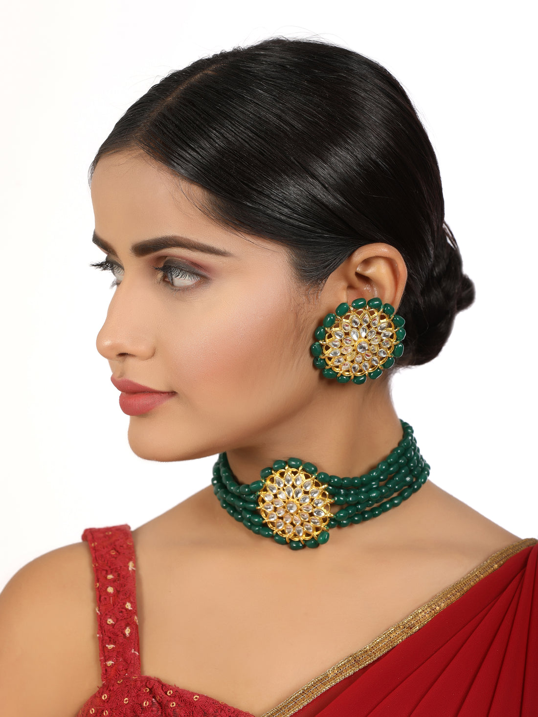 Dark Green Beaded Kundan Choker Necklace Set