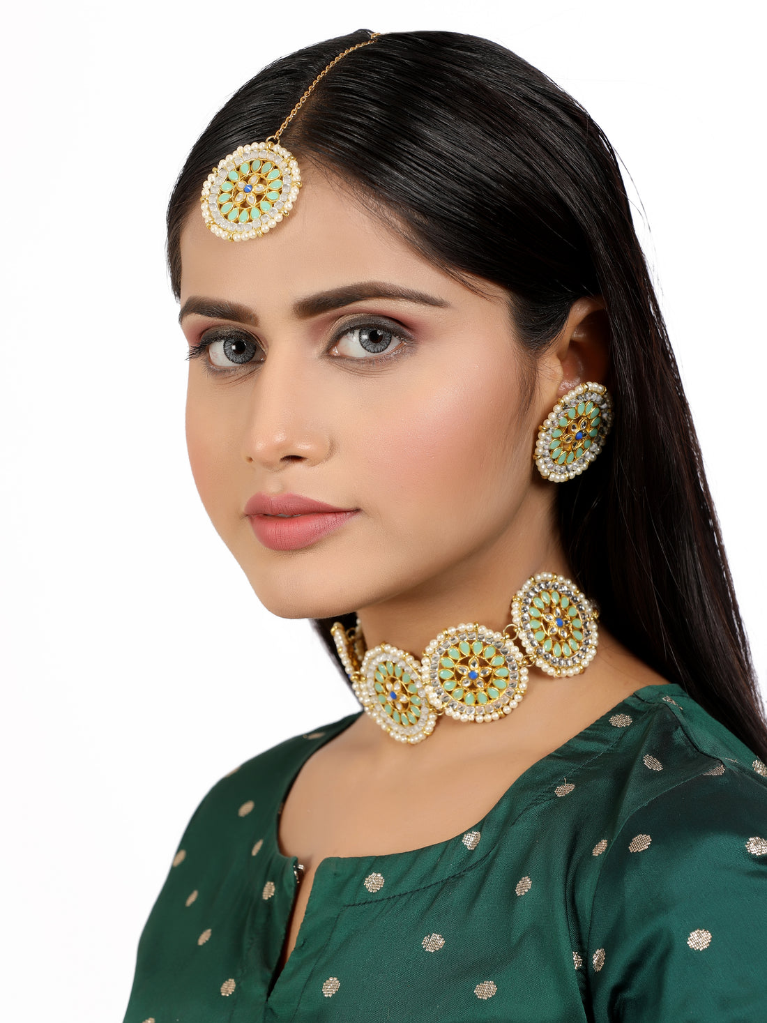 Lime Green Kundan Studded Choker Necklace Set