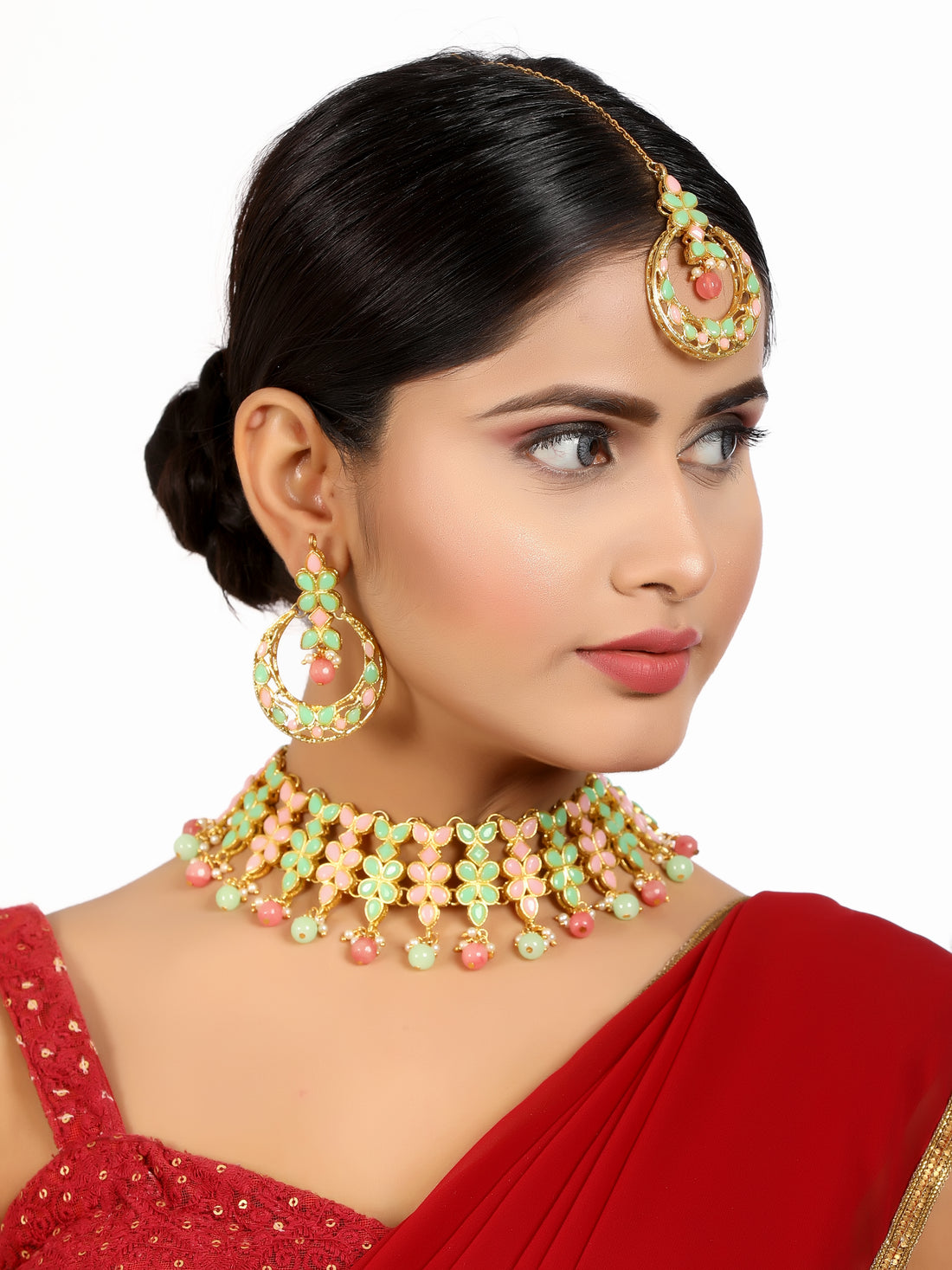 Peach & Lime Green Stones Studded Kundan Choker Necklace Set