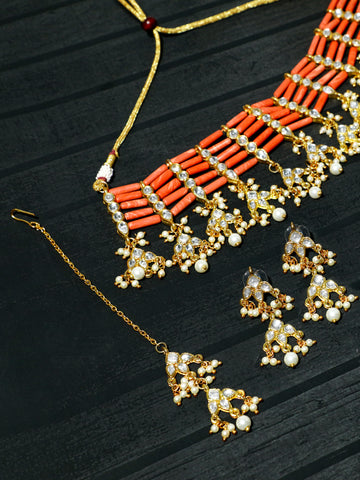 Peach Stones and Tassel Kundan Choker Necklace Set