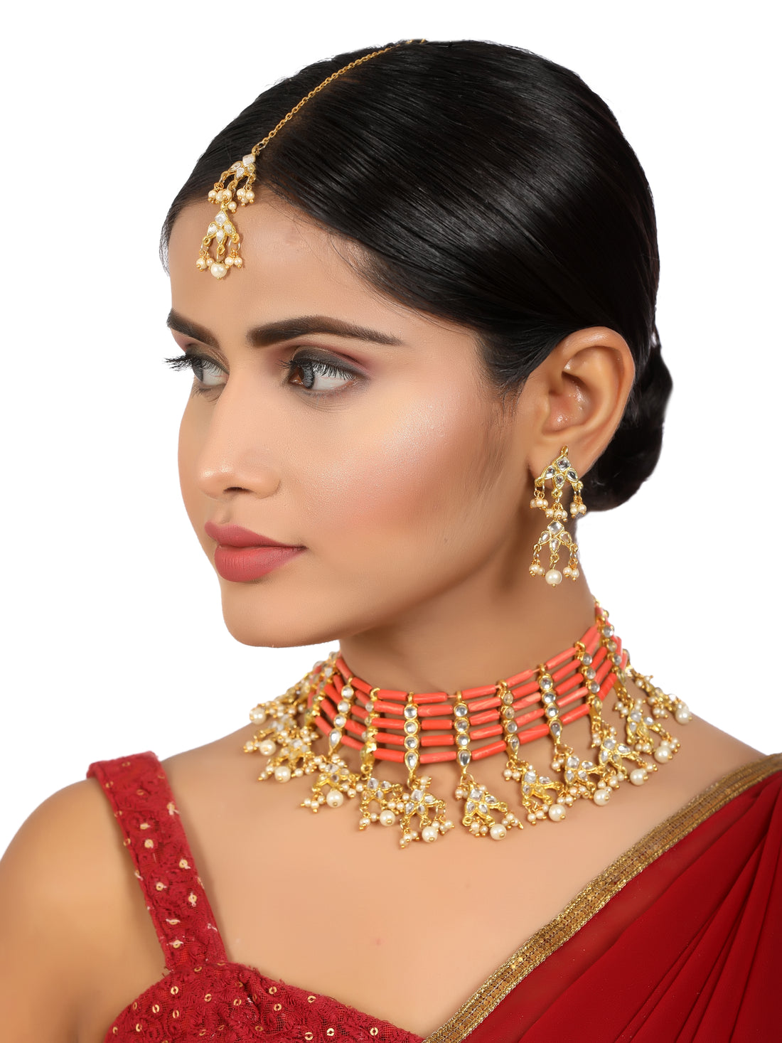 Peach Stones and Tassel Kundan Choker Necklace Set