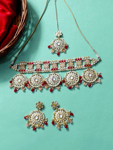 Peach and Pink Kundan Choker Necklace Set