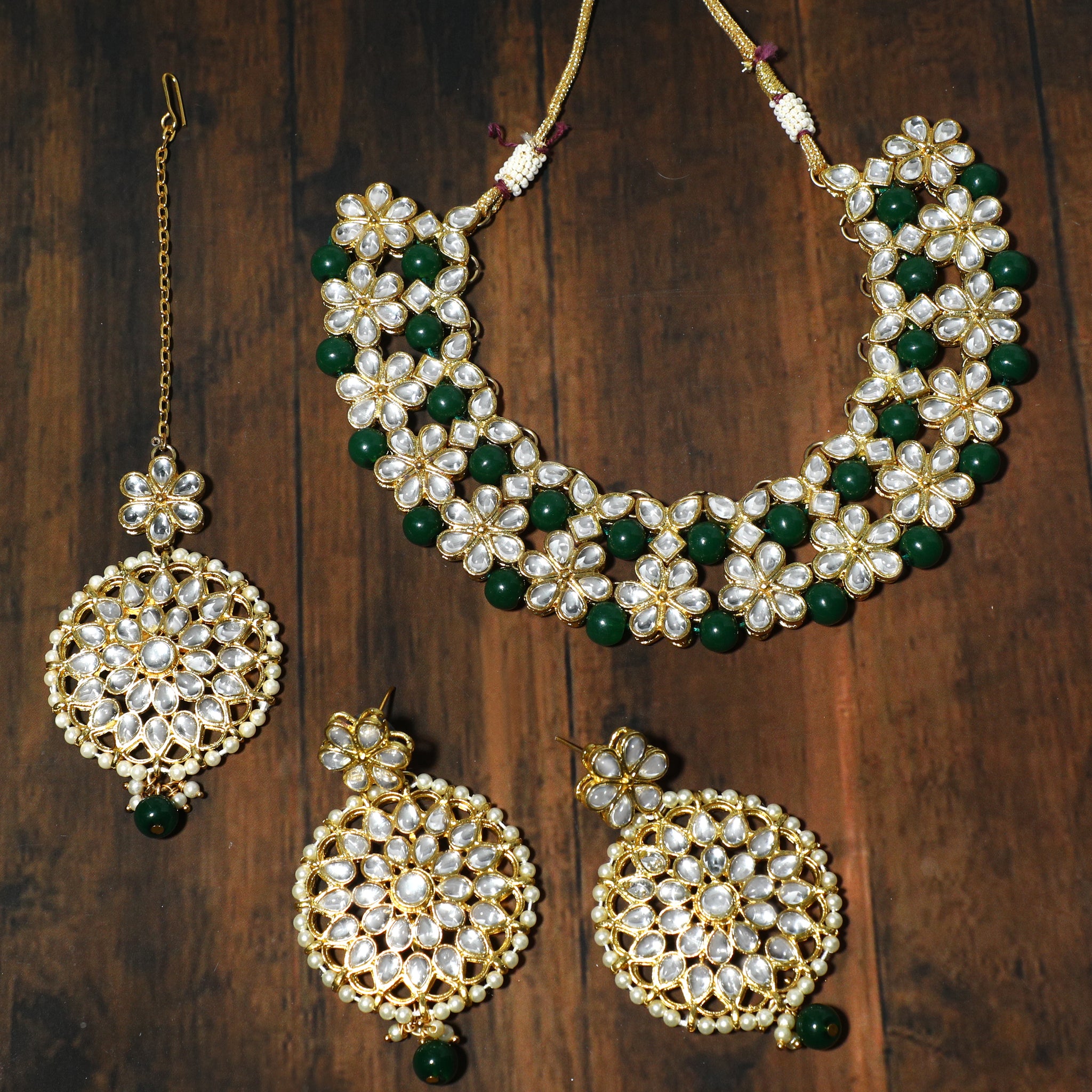 Green Beads Studded Kundan Choker Necklace Set