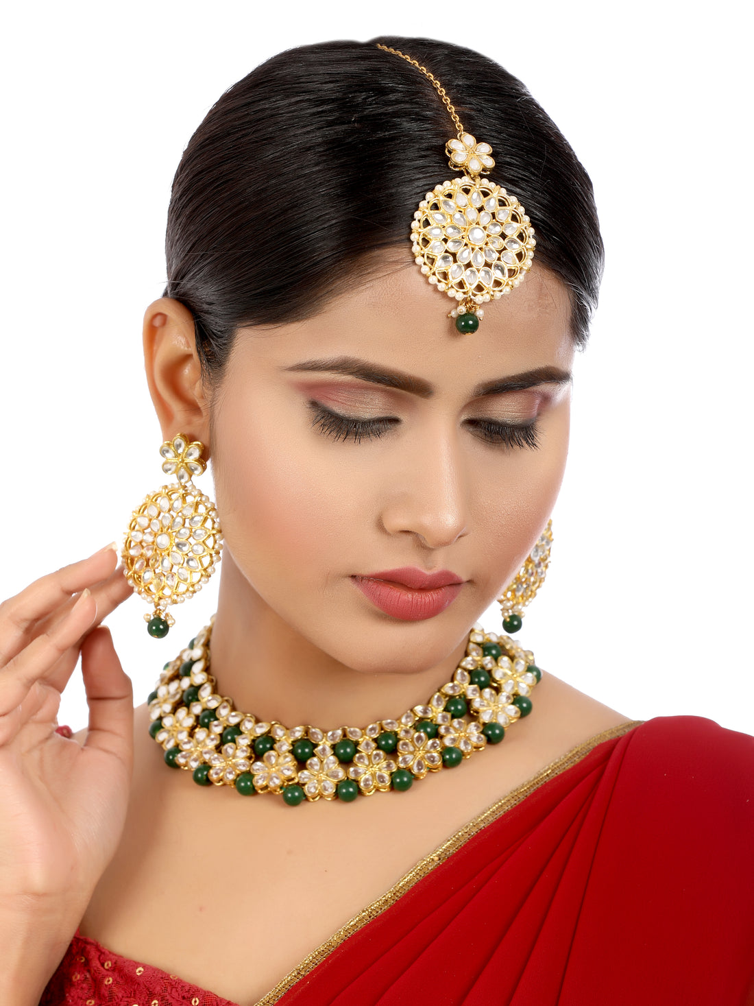 Green Beads Studded Kundan Choker Necklace Set