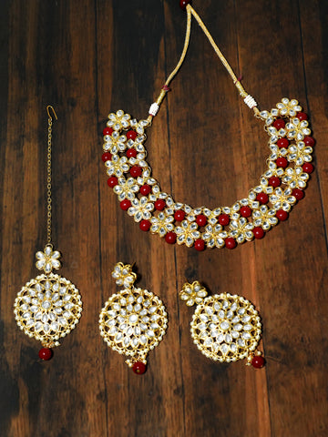 Red Beads Studded Kundan Choker Necklace Set