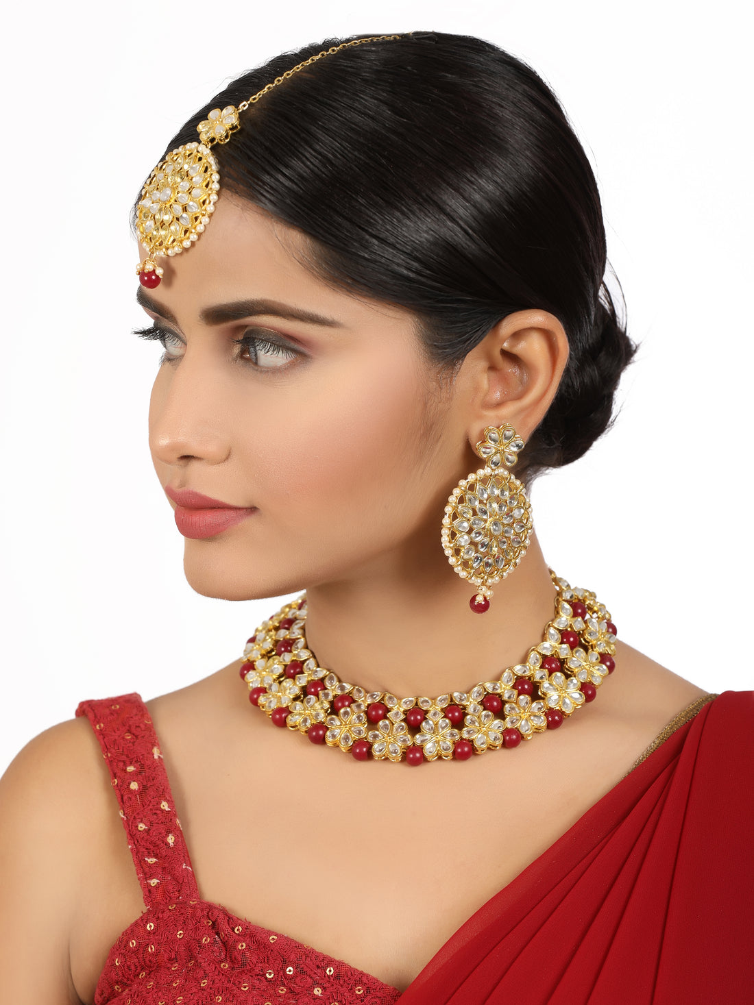 Red Beads Studded Kundan Choker Necklace Set