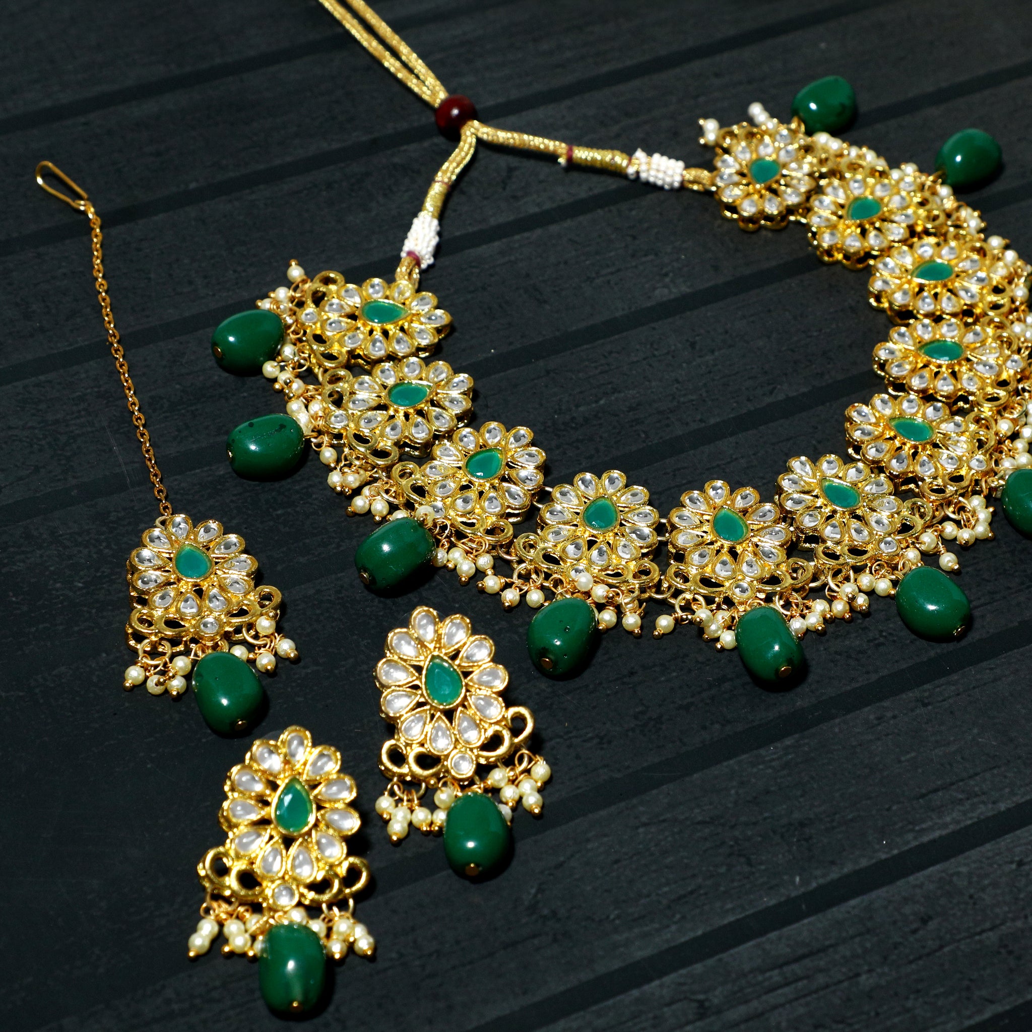 Green Stone and Tassels Embellished Kundan Choker Necklace Set