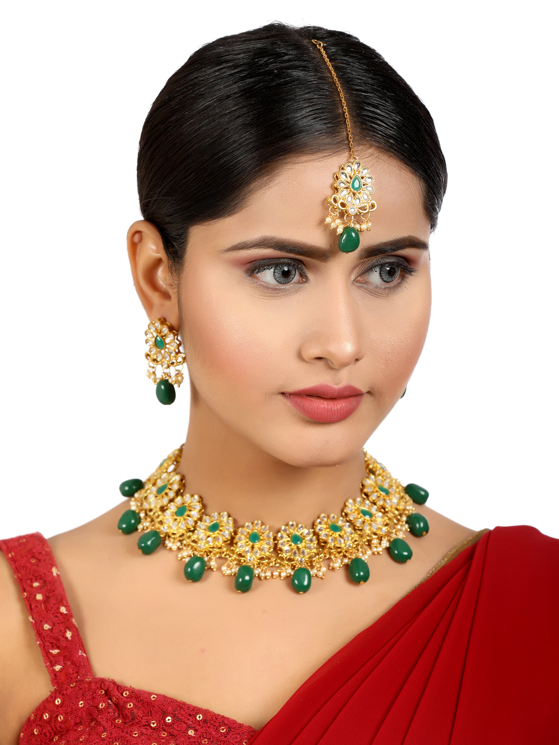 Green Stone and Tassels Embellished Kundan Choker Necklace Set