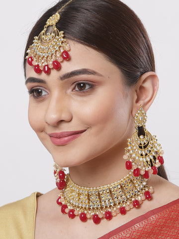 Red Tumble and Peach Beads Studded Kundan Choker Necklace Set