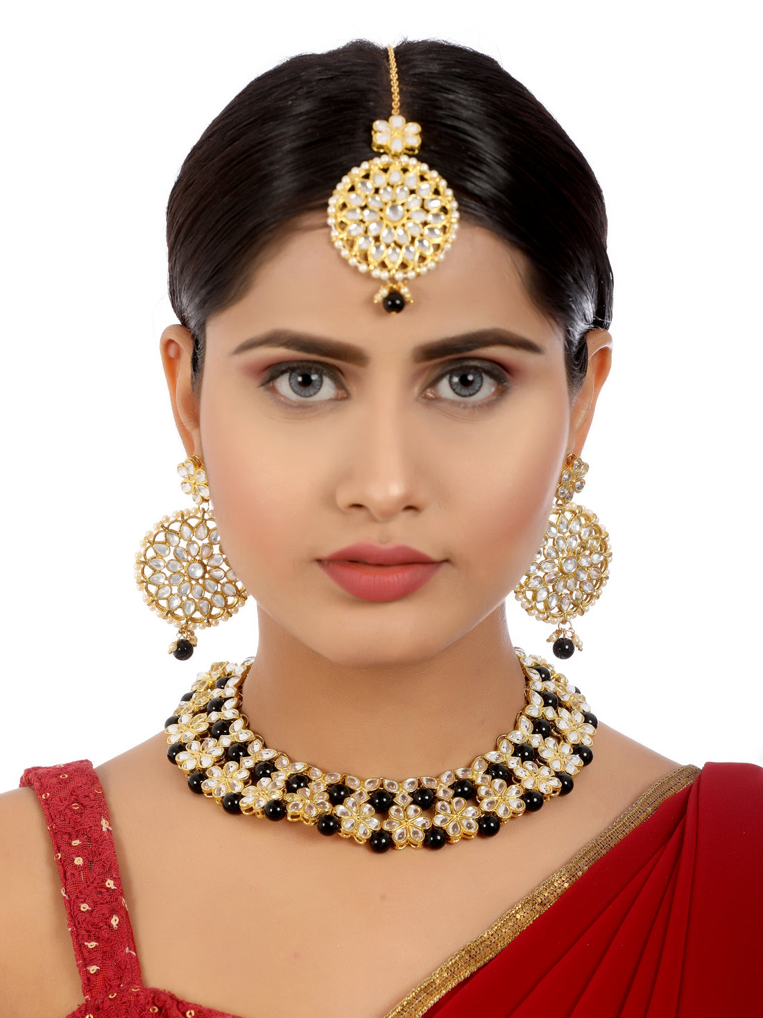 Black Beads Studded Kundan Choker Necklace Set