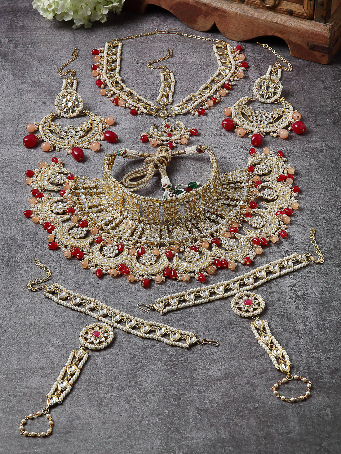 Ruby and Peach Tassel Kundan Gold Plated Bridal Necklace Set