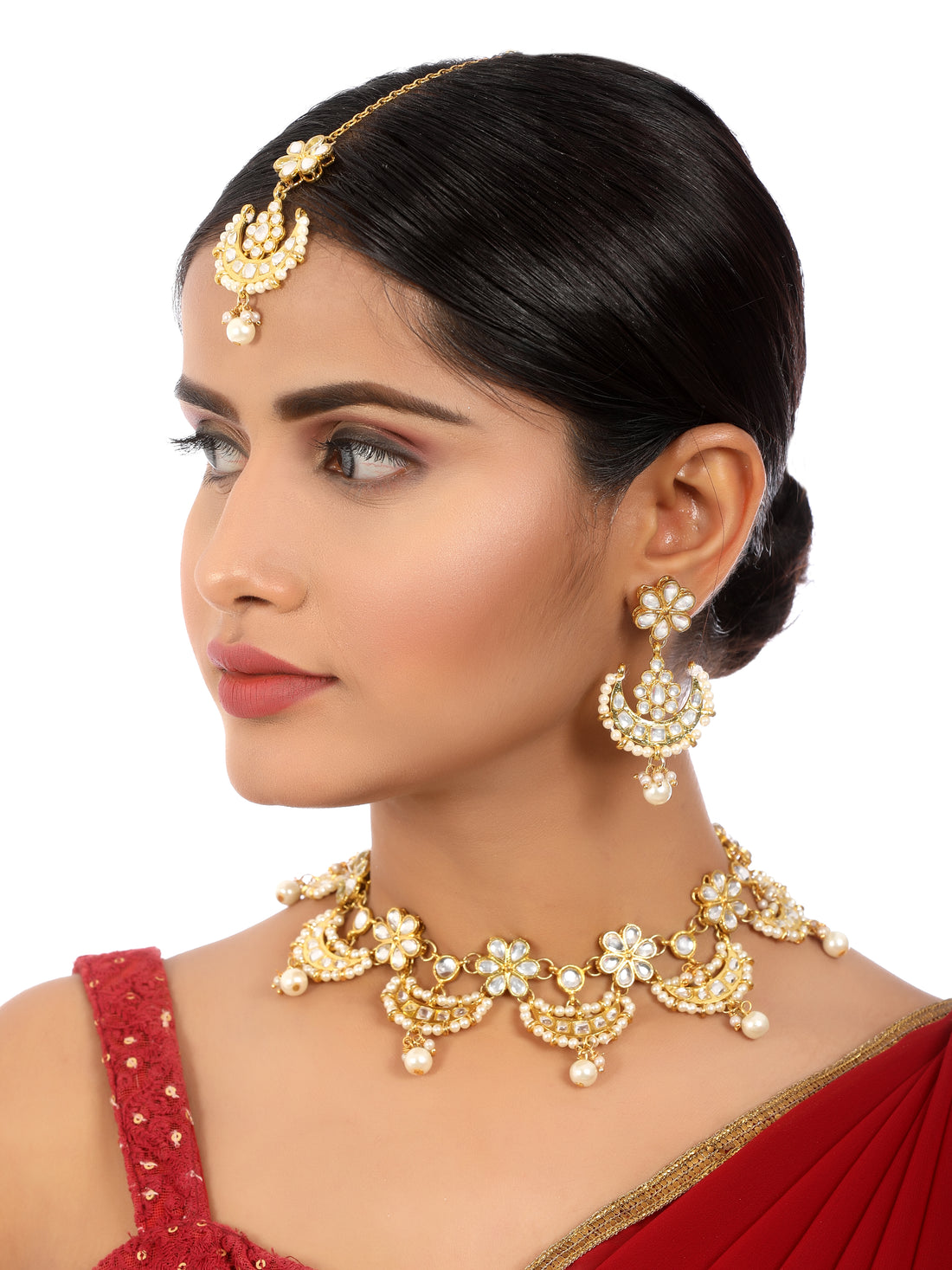 Moon Patterned Pearl Kundan Necklace Set