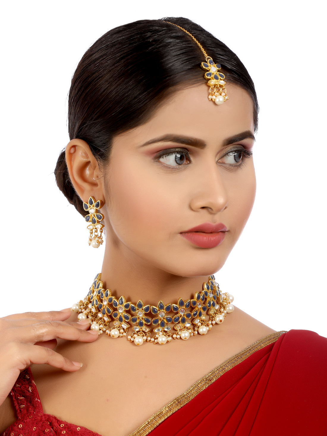 Gold Plated Navy Blue Kundan and Pearl Beads Choker Necklace Set