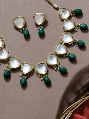 Traditional Gold Plated Green Beads Polki Kundan Necklace Set